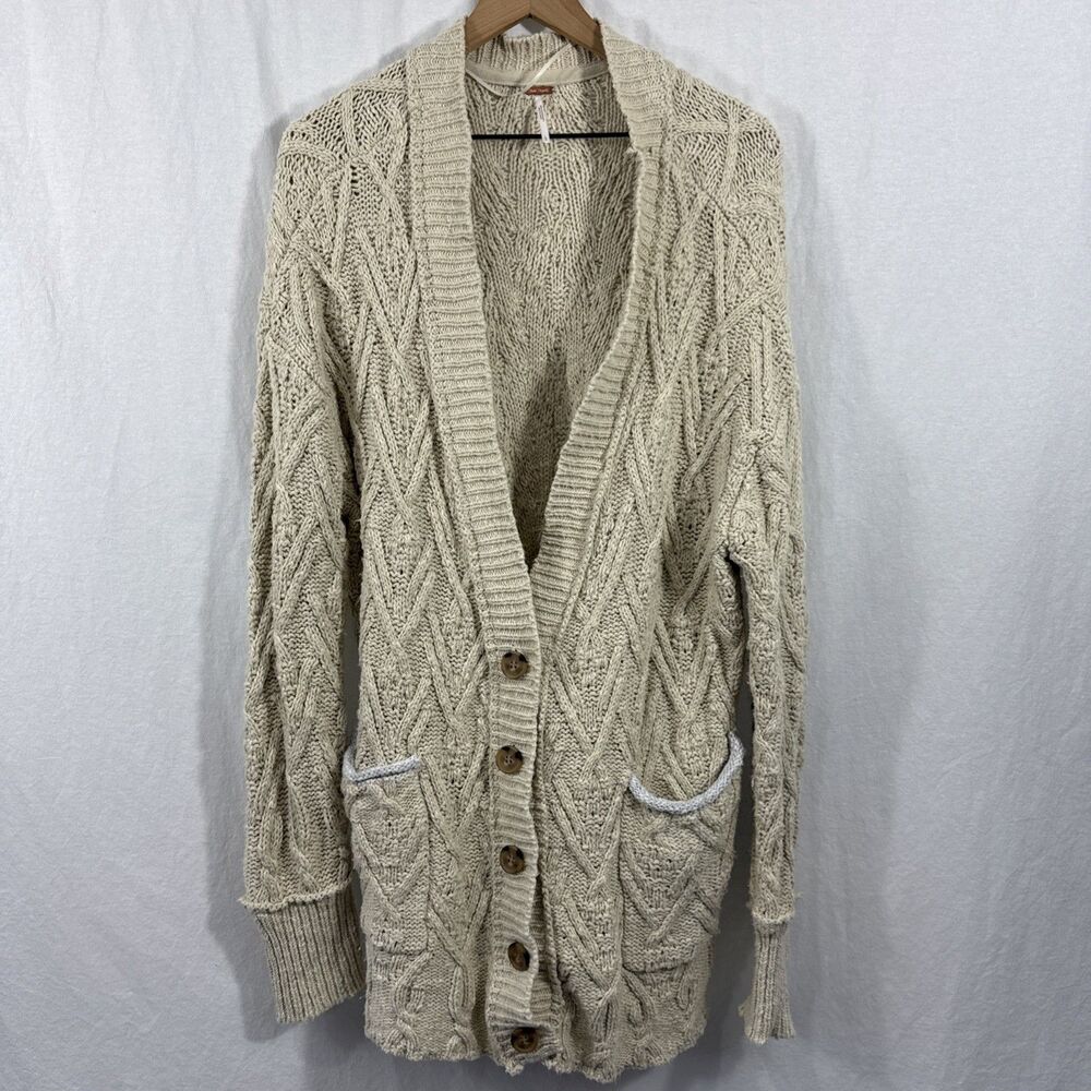 Free People Montana Cable Cardi Neutral Slouchy Sweater Womens Sz L Coastal